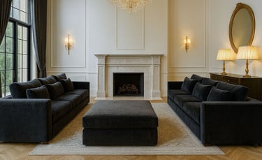 Elegant living room with two navy sofas by Solo Home Decor