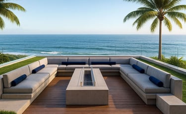 Modern gray sectional with fire pit in a luxury ocean-view backyard, custom outdoor furniture by Solo Home Decor.