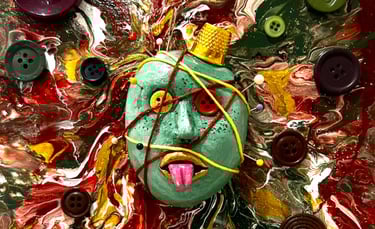 a painting of a face with buttons and buttons