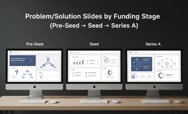A comparison of startup pitch deck problem-solution slides across Pre-Seed, Seed, and Series A fundi