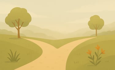 Camino dividido en un paisaje natural con luz suave, símbolo de decisiones y dirección en la vida.