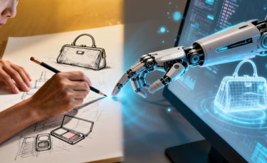 Fusion of experience and tech: a human hand sketching next to an AI rendering.