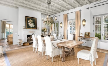 Dining room at Finca Santa Katerina with traditional furniture and chandelier
