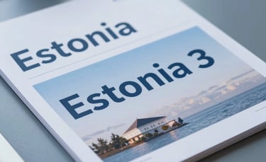 Close-up of a high-quality print business report with the word 'Estonia' visible, on a sleek slate-blue table, Northern European / Baltic / Estonian style.