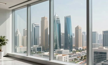 Professional photography of a high-tech corporate office in the Middle Eastern Gulf region. Large glass windows showing a bright city skyline, with soft blue and white accents in the modern interior design. Natural daylight, high-end professional atmosphere.