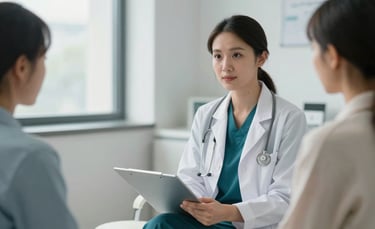 A professional and empathetic medical practitioner in a clean, modern North American clinic, consulting with a patient. The room is filled with soft natural light, reflecting a calm atmosphere. The practitioner wears a white coat over dark teal professional attire.