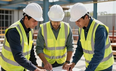 A sharp, high-resolution photograph of a professional construction site in the US. North American engineers wearing white hard hats and high-visibility vests are reviewing architectural blueprints on a large drafting table. Bright daylight illuminates the scene, with steel framework visible in the background. Colors include steel blue, white, and dark blue.
