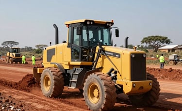 A wide-angle professional photograph of a road construction site in Southern Africa. A yellow motor grader is levelling red earth under a bright midday sun. High-visibility clad workers are seen in the distance near construction equipment, reflecting a busy, productive corporate civil works project.