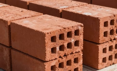 Professional photography of high-quality red clay bricks stacked in precise rows at a modern construction site in North America. The scene features bright daylight and clean lines, emphasizing the durability and robust nature of the building material.