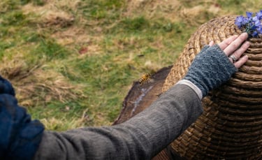 Claire colocando flores sobre una colmena en el ritual de las abejas, tradición que aparece en Outlander