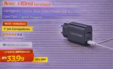 Black 45W Turbo Power wall charger with USB-A and USB-C ports for mobile phones.