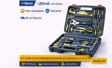 Kit completo de ferramentas 129 peças com maleta organizadora profissional amarela e preta.