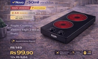Cooktop elétrico Elgin 2 bocas preto com mesa de vidro temperado e aquecimento rápido.