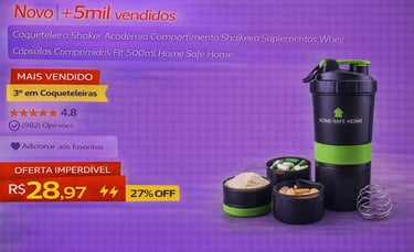 Coqueteleira shaker preta e verde com compartimentos para suplementos e comprimidos em oferta.