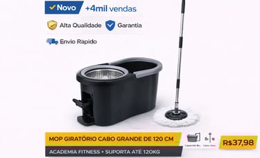Mop giratório de 120cm com balde preto de 8 litros e cesto de inox para limpeza doméstica.