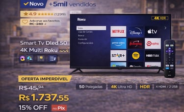 Smart TV Multi 50 polegadas 4K Ultra HD com sistema Roku TV e controle remoto em oferta.