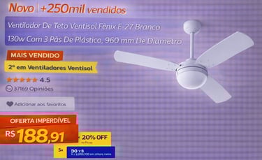 Ventilador de Teto Ventisol Fênix branco com 3 pás e motor de 130W em oferta promocional.