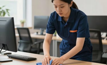 A professional cleaner in a navy blue uniform cleaning a modern office desk in a bright Central European workplace, using a microfiber cloth, clean and organized environment, soft natural daylight.