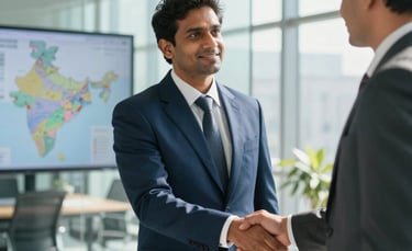 A professional South Asian / Indian businessman in a sharp navy blue corporate suit shaking hands with a business partner in a modern, sunlit glass office. In the background, a blurred map of India is visible on a digital screen. Soft, natural lighting, high-end corporate photography style.