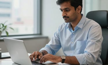 A professional South Asian Chartered Accountant in a modern Mumbai office, working on a clean desk with a laptop and organized financial documents, soft natural lighting, reflecting trust and modern efficiency.