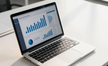 A professional high-angle shot of a sleek laptop displaying a clean financial dashboard with blue charts, sitting on a polished white desk in a modern Almaty office with soft morning light.
