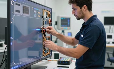 A professional technician in a clean, modern workshop in Dubai, meticulously inspecting the internal components of a large LED television screen. The environment is organized with high-tech diagnostic tools. Bright, natural light illuminates the technical work. Middle Eastern / Gulf setting.