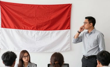 Indonesian business team in a meeting with a large Indonesia flag displayed on the wall.