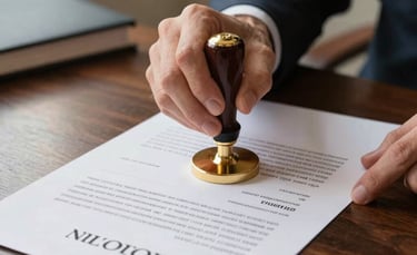 A close-up photograph of a professional notary public applying a gold-embossed seal to a legal document on a dark wood desk, soft natural office lighting, North American business setting.