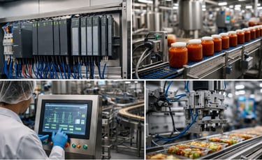 Image of a PLC in a food processing setting with an operator and jars of product