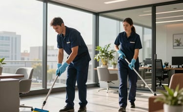 A professional cleaning crew wearing navy blue uniforms sanitizing a high-end corporate office in North American / Mexican style. Large glass windows, modern furniture, and warm morning light. The atmosphere is clean and reliable.