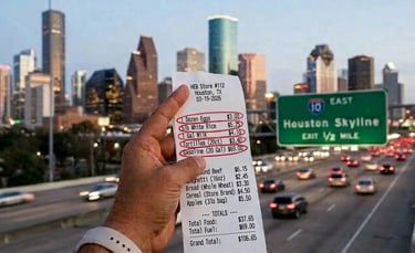Hand holding an HEB grocery receipt against the Houston skyline and an I-10 freeway sign.