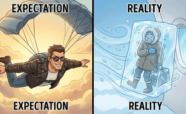 An expectation vs reality meme comparing a cool skydiver to a frozen passenger outside a plane.