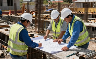 Fotograf3a de gran angular de una obra de construcci3n en Am3rica Latina durante la fase de cimentaci3n. Ingenieros profesionales con chalecos de seguridad revisan planos arquitect3nicos sobre una mesa de trabajo. Estructuras de refuerzo de acero sobresalen de zanjas profundas bajo una luz solar brillante. Los colores de la paleta, azul claro y blanco roto, se reflejan en el equipo y los materiales.