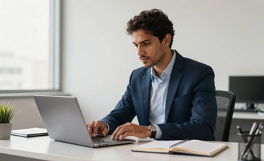 Professional photography of a modern, clean administrative office in Brazil. A South American professional is working efficiently at a minimalist desk with a laptop and a notebook. Bright, natural lighting, reflecting a sense of trust and organization. Palette includes dark blue and off-white tones.