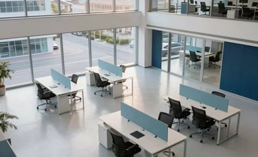 A high-angle photograph of a bright, modern corporate office in Hillegom, featuring minimalist desks and large windows. The space is immaculately clean, reflecting light from a soft afternoon sun. Northern European architectural style, with accents of light blue and dark blue in the decor.