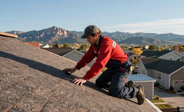 A wide-angle professional photograph of a roofing specialist in a red and dark blue uniform inspecting a residential rooftop in Colorado Springs. The background shows clear blue skies and the Rocky Mountains. The lighting is bright morning sun, emphasizing high-quality asphalt shingles. North American / US.