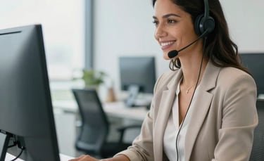 A professional South American woman working in a bright, modern Brazilian office, wearing a headset and smiling while focusing on her computer screen. The background is a clean, minimalist workspace with soft natural light and blue accents, conveying efficiency and high-quality administrative support.