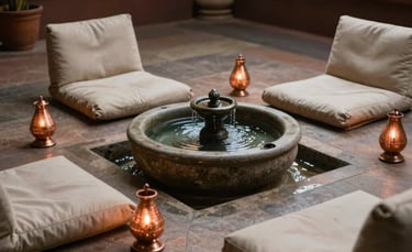 A tranquil meditation corner with floor cushions, a small water fountain, and copper lamps, South Asian / Tamil Nadu, India.