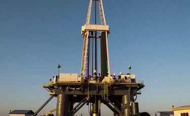 A wide-angle professional photograph of an onshore oil drilling rig situated in a West African coastal savannah. The scene is captured during the golden hour, casting a warm light over the steel structure. The composition highlights the rig's height against a deep blue sky, featuring professional technical equipment in the foreground.