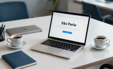 Professional photography of a modern South American office desk in São Paulo, featuring a sleek laptop, a cup of coffee, and clean stationery. The atmosphere is professional and innovative, with soft lighting and accents of medium blue and light blue from the palette.