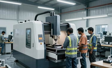 A wide-angle shot of a clean, modern South Asian engineering workshop floor in Pune, featuring professional technicians in safety gear inspecting a high-precision CNC machine. The lighting is bright and industrial, emphasizing silver and muted blue tones from the palette.