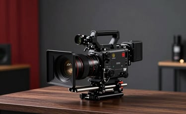 A professional cinema camera with high-end optics placed on a minimalist dark wood desk in a sophisticated Brazilian production studio. Soft cinematic lighting with red and dark grey accents in the background.