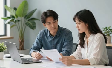 A brightly lit, modern office space in North American / US where two people sit at a clean white desk reviewing professional documents together. The room is decorated with soft sage green plants and light blue-grey walls, creating a hopeful and accessible atmosphere.