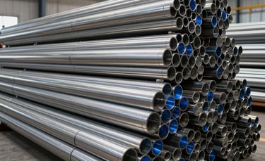 Wide-angle photography of a modern Brazilian industrial warehouse, showcasing organized stacks of polished stainless steel tubes. The lighting is bright and professional, highlighting the metallic texture and deep blue reflections, creating a sense of scale and reliability.