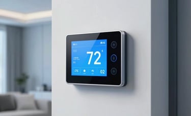 A sleek, high-tech smart thermostat interface mounted on a clean white wall in a modern Miami interior. The screen displays a glowing light blue temperature reading of 72 degrees. Minimalist, sophisticated North American / US (Miami) home atmosphere with cool blue ambient lighting.