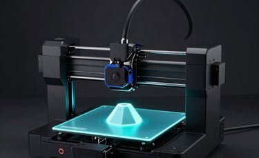 A high-end professional 3D printer in a minimalist dark European studio. Neon cyan light glowing from the printer bed, illuminating a geometric prototype. Clean, futuristic composition with sophisticated shadows.