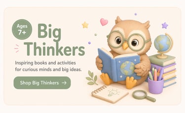 Big Thinkers educational books and activities banner featuring a cute owl reading with a globe and school supplies.