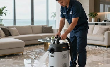 A professional restoration technician in a clean uniform operating high-tech water extraction equipment in a flooded luxury Miami living room with ocean views. Bright natural lighting, South Florida / US setting.