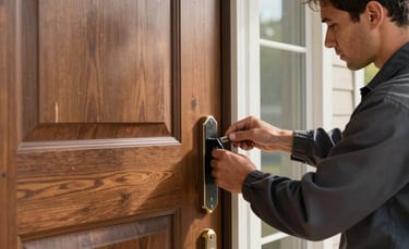 Professional photography of a high-quality residential front door in a North American suburb. A technician in a charcoal blue uniform is performing maintenance on the hinges. Bright, clear morning light, sharp focus on the wood texture and polished hardware.