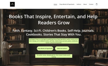 Northspire Press publishing website homepage with a library background and multi-genre book branding